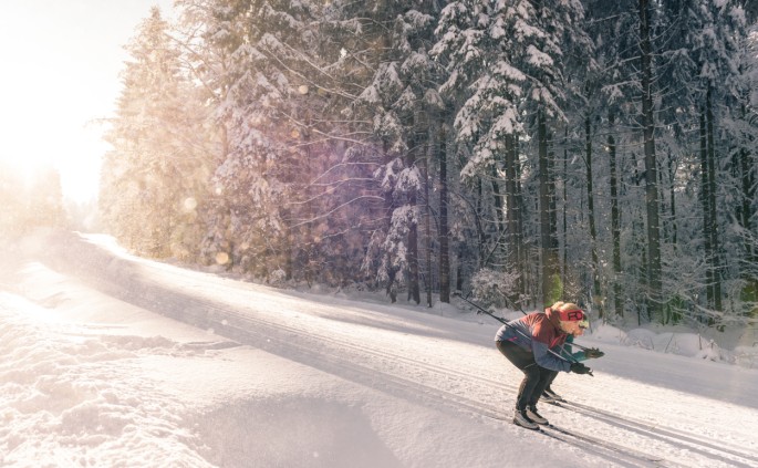 Langlaufen bergab fahren © Oberösterreich Tourismus GmbH | David Lugmayr